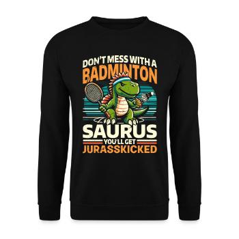 Lustiger Badminton Saurus – Kinder, Jugendliche - Unisex Pullover - Schwarz - Vorne - Alina (178cm) & Michal (187cm)