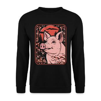 Schwein Schweinebauer Japan Cherry Blossom Moon - Unisex Pullover - Schwarz - Vorne - Alina (178cm) & Michal (187cm)