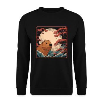 Capybara Wasserschwein Japan Cherry Blossom Moon - Unisex Pullover - Schwarz - Vorne - Alina (178cm) & Michal (187cm)