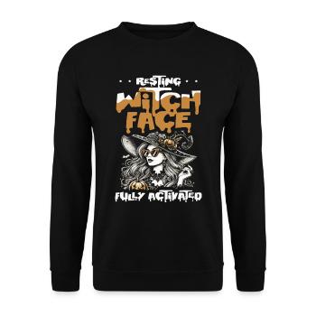 Hexengesicht Voll Aktiviert, Halloween Humor Hexen - Unisex Pullover - Schwarz - Vorne - Alina (178cm) & Michal (187cm)