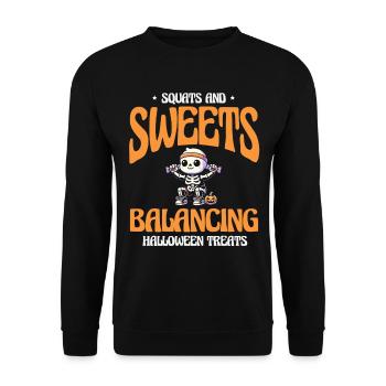Kniebeugen Süßigkeiten Gleichgewicht Halloween - Unisex Pullover - Schwarz - Vorne - Alina (178cm) & Michal (187cm)