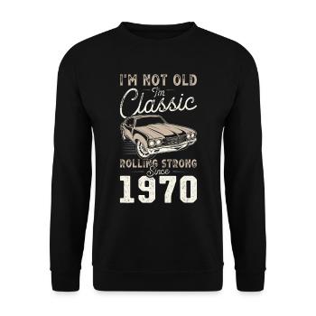 Geboren 1970 Geburtstag Oldtimer - Unisex Pullover - Schwarz - Vorne - Alina (178cm) & Michal (187cm)