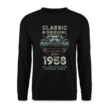 Geboren 1958 Geburtstag Oldtimer - Unisex Pullover - Schwarz - Vorne - Alina (178cm) & Michal (187cm)