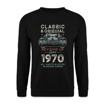 Geboren 1970 Geburtstag Oldtimer - Unisex Pullover - Schwarz - Vorne - Alina (178cm) & Michal (187cm)