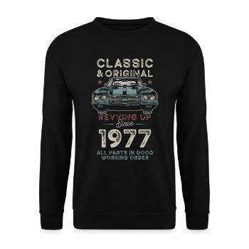 Né en 1977 Anniversaire Voiture classique - Sweat-shirt Unisexe - noir - Devant - Alina (178cm) & Michal (187cm)