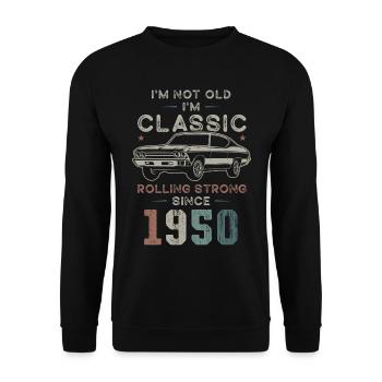 Born in 1950 Birthday Classic Car - Unisex Pullover - Schwarz - Vorne - Alina (178cm) & Michal (187cm)