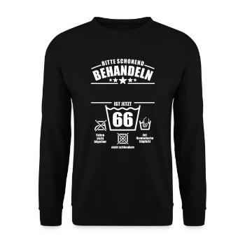 Schonend behandeln, 66. Geburtstag, Wunschname - Unisex Pullover - Schwarz - Vorne - Alina (178cm) & Michal (187cm)