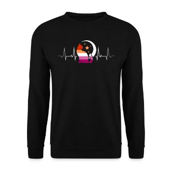 Lesbischer Herzschlag mystische Katze und Mond - Unisex Pullover - Schwarz - Vorne - Alina (178cm) & Michal (187cm)