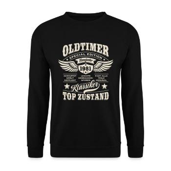 Oldtimer Baujahr 1981 - Geburtstag - Geschenk - Unisex Pullover - Schwarz - Vorne - Alina (178cm) & Michal (187cm)