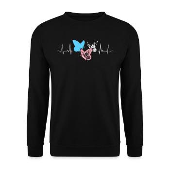 Transgender Pride Flagge Herzschlag Schmetterlinge - Unisex Pullover - Schwarz - Vorne - Alina (178cm) & Michal (187cm)
