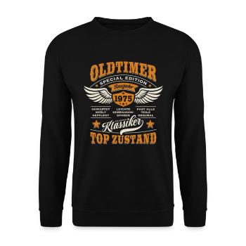 Oldtimer Baujahr 1975 - Geburtstag - Geschenk - Unisex Pullover - Schwarz - Vorne - Alina (178cm) & Michal (187cm)