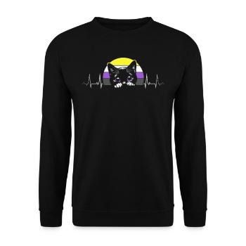 Nonbinary Pride Katze Herzschlag Mit Flagge - Unisex Pullover - Schwarz - Vorne - Alina (178cm) & Michal (187cm)