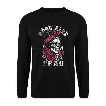 Böse alte Frau - Totenkopf - Rosen - Spruch - Unisex Pullover - Schwarz - Vorne - Alina (178cm) & Michal (187cm)