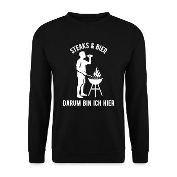 Steaks und Bier darum bin ich hier - Grillen - Unisex Pullover - Schwarz - Vorne - Alina (178cm) & Michal (187cm)