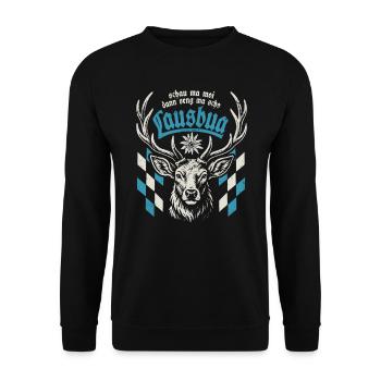 Hirsch, Lausbua, schau ma moi, dann seng ma scho - Unisex Pullover - Schwarz - Vorne - Alina (178cm) & Michal (187cm)