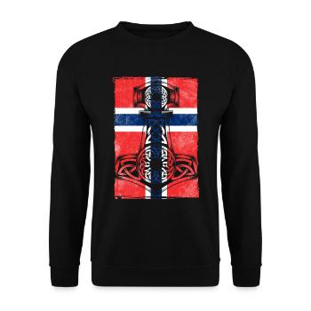 Norwegische Flagge mit Thors Hammer Mjölnir - Unisex Pullover - Schwarz - Vorne - Alina (178cm) & Michal (187cm)