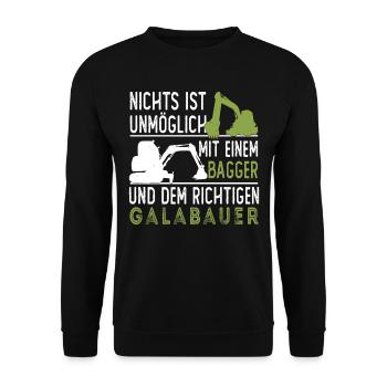 Galabauer Landschaftsgärtner Garten Spruch Bagger - Unisex Pullover - Schwarz - Vorne - Alina (178cm) & Michal (187cm)