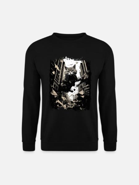 Katze Springt In Großstadt Zerstört Stadt Kunst - Unisex Pullover - Schwarz