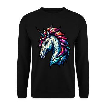 Lebendiger geometrischer Einhornkopf mit Regenbogenmähne - Unisex Pullover - Schwarz - Vorne - Alina (178cm) & Michal (187cm)