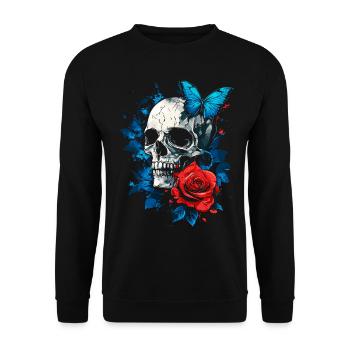 Totenkopf Totenschädel Schmetterling Rose Blume - Unisex Pullover - Schwarz - Vorne - Alina (178cm) & Michal (187cm)