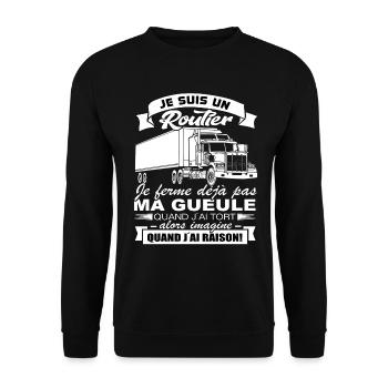 Routier Shirt • Je ferme pas ma gueule • Cadeau - Sweat-shirt Unisexe - noir - Devant - Alina (178cm) & Michal (187cm)