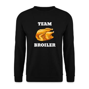 Broiler Team Brathhähnchen Grillhähnchen BBQ Hendl - Unisex Pullover - Schwarz - Vorne - Alina (178cm) & Michal (187cm)