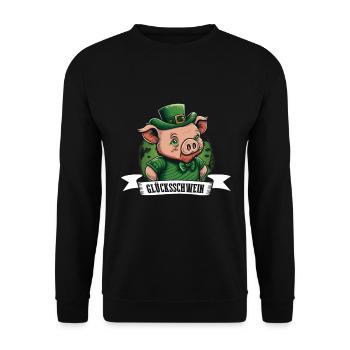 Glücksschwein St. Patty Schwein - Unisex Pullover - Schwarz - Vorne - Alina (178cm) & Michal (187cm)
