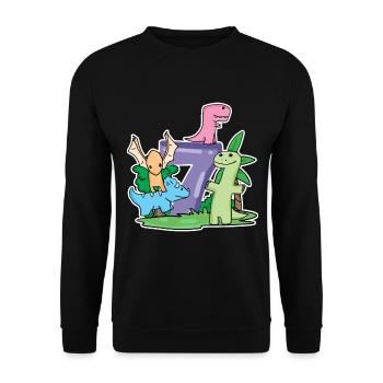 7 ans - 7ème anniversaire avec motif animal - Dino - Sweat-shirt Unisexe - noir - Devant - Alina (178cm) & Michal (187cm)