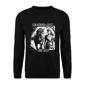 Für Körper, Geist und Seele Pferde - Unisex Pullover - Schwarz - Vorne - Alina (178cm) & Michal (187cm)