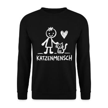 Katzenmensch - Doodle Design für Katzenliebhaber - Unisex Pullover - Schwarz - Vorne - Alina (178cm) & Michal (187cm)