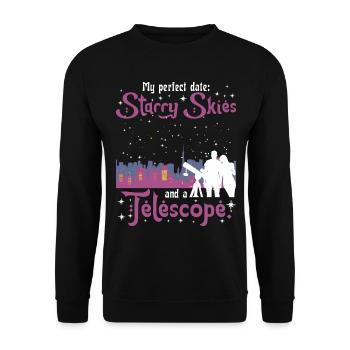 Mein perfektes Date: Sternenhimmel und ein Teleskop. - Unisex Pullover - Schwarz - Vorne - Alina (178cm) & Michal (187cm)