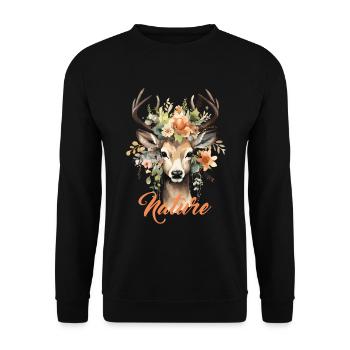 Hirsch mit Blumen Natur Wald Naturfreunde Wandern - Unisex Pullover - Schwarz - Vorne - Alina (178cm) & Michal (187cm)