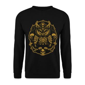 Mystische Eule sitzt auf einem Skull - Unisex Pullover - Schwarz - Vorne - Alina (178cm) & Michal (187cm)