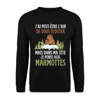 Dans ma tête je pense aux marmottes - Sweat-shirt Unisexe - noir - Devant - Alina (178cm) & Michal (187cm)