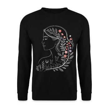 Florale Frauenporträt mit Wildtieren - Unisex Pullover - Schwarz - Vorne - Alina (178cm) & Michal (187cm)