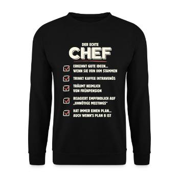 Der echte Chef – Checkliste mit Humor - Unisex Pullover - Schwarz - Vorne - Alina (178cm) & Michal (187cm)