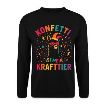 Karneval Konfetti Alpaka mit Narrenkappe  - Unisex Pullover - Schwarz - Vorne - Alina (178cm) & Michal (187cm)