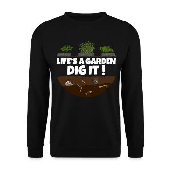 Lustiger Gärtner Spruch Das leben ist der Garten - Unisex Pullover - Schwarz - Vorne - Alina (178cm) & Michal (187cm)