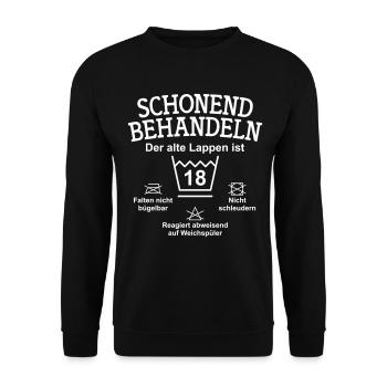 Schonend Behandeln Der alte Lappen ist 18 Jahre - Unisex Pullover - Schwarz - Vorne - Alina (178cm) & Michal (187cm)