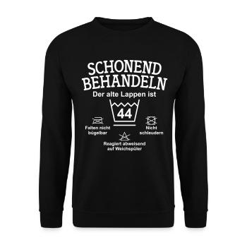 Schonend Behandeln Der alte Lappen ist 44 Jahre - Unisex Pullover - Schwarz - Vorne - Alina (178cm) & Michal (187cm)