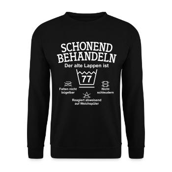 Schonend Behandeln Der alte Lappen ist 77 Jahre - Unisex Pullover - Schwarz - Vorne - Alina (178cm) & Michal (187cm)
