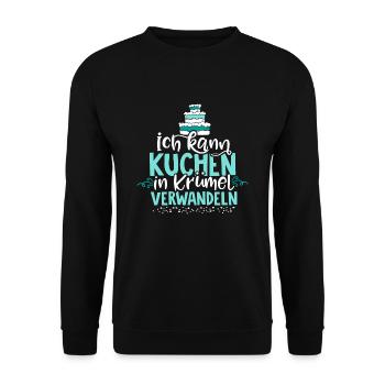 Kuchen, Torte, Backen & dann in Krümel verwandeln. - Unisex Pullover - Schwarz - Vorne - Alina (178cm) & Michal (187cm)
