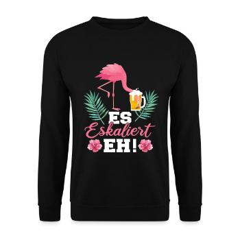Es eskaliert eh Flamingo - Unisex Pullover - Schwarz - Vorne - Alina (178cm) & Michal (187cm)