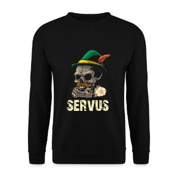 Servus Totenkopf und Edelweiß - Unisex Pullover - Schwarz - Vorne - Alina (178cm) & Michal (187cm)