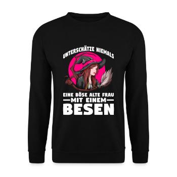Unterschätze niemals eine böse alte Frau mit einem - Unisex Pullover - Schwarz - Vorne - Alina (178cm) & Michal (187cm)