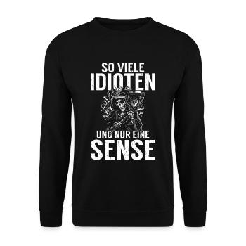So viele Idioten und nur eine Sense schwarzer Humo - Unisex Pullover - Schwarz - Vorne - Alina (178cm) & Michal (187cm)