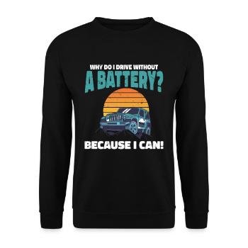 Why do I drive without a battery Anti e-Car - Unisex Pullover - Schwarz - Vorne - Alina (178cm) & Michal (187cm)
