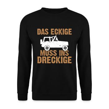 Das Eckige Muss ins Dreckige Gelände Offroader Jäg - Unisex Pullover - Schwarz - Vorne - Alina (178cm) & Michal (187cm)