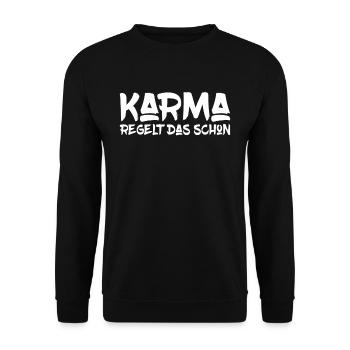 Karma regelt das schon lustiger Spruch - Unisex Pullover - Schwarz - Vorne - Alina (178cm) & Michal (187cm)