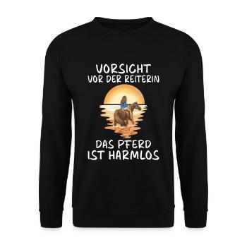 Vorsicht vor der Reiterin das Pferd ist harmlos - Unisex Pullover - Schwarz - Vorne - Alina (178cm) & Michal (187cm)